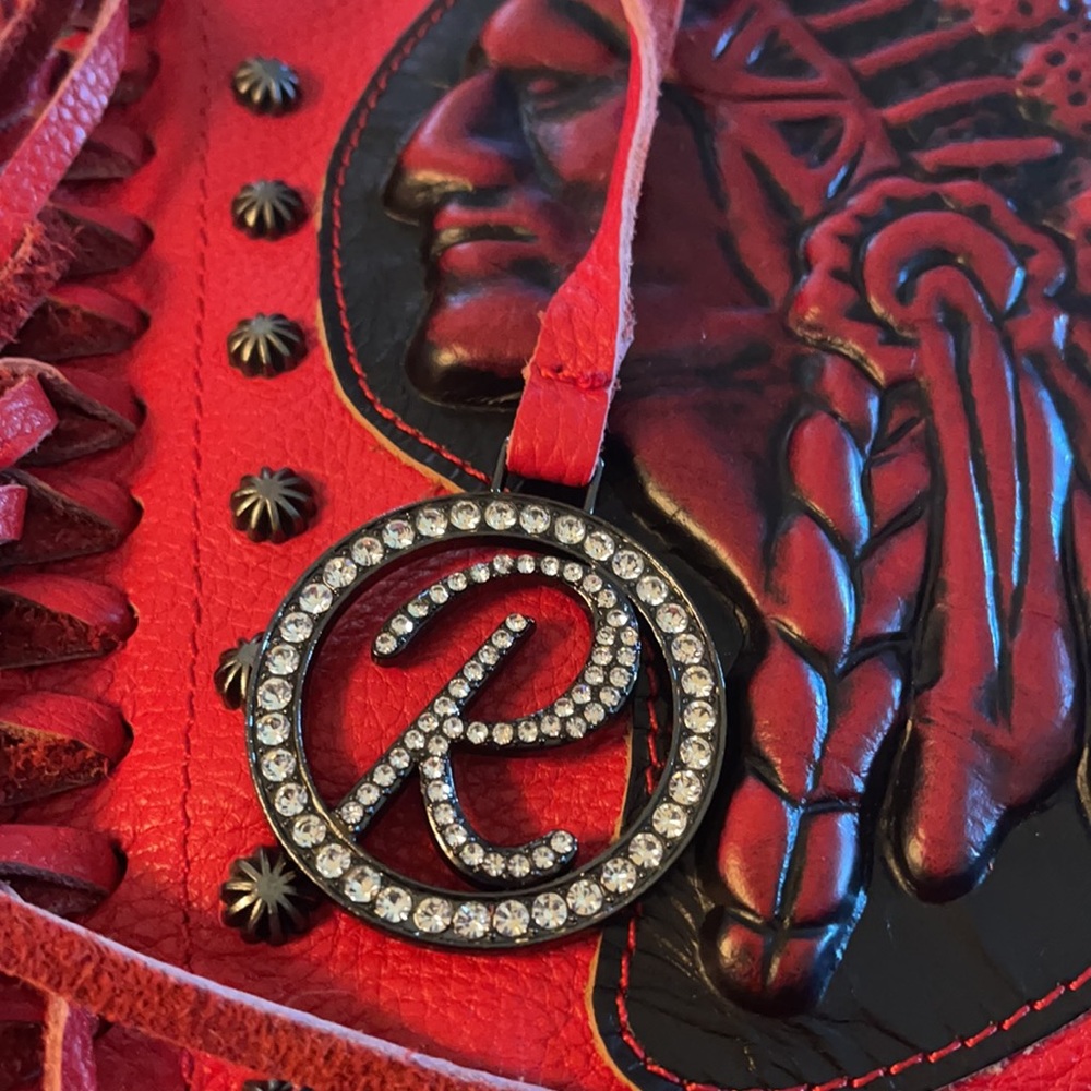 RAVIANI USA Western Red Tooled Leather American Indian Fringed Studded Bag NEW!! - Picture 13 of 14